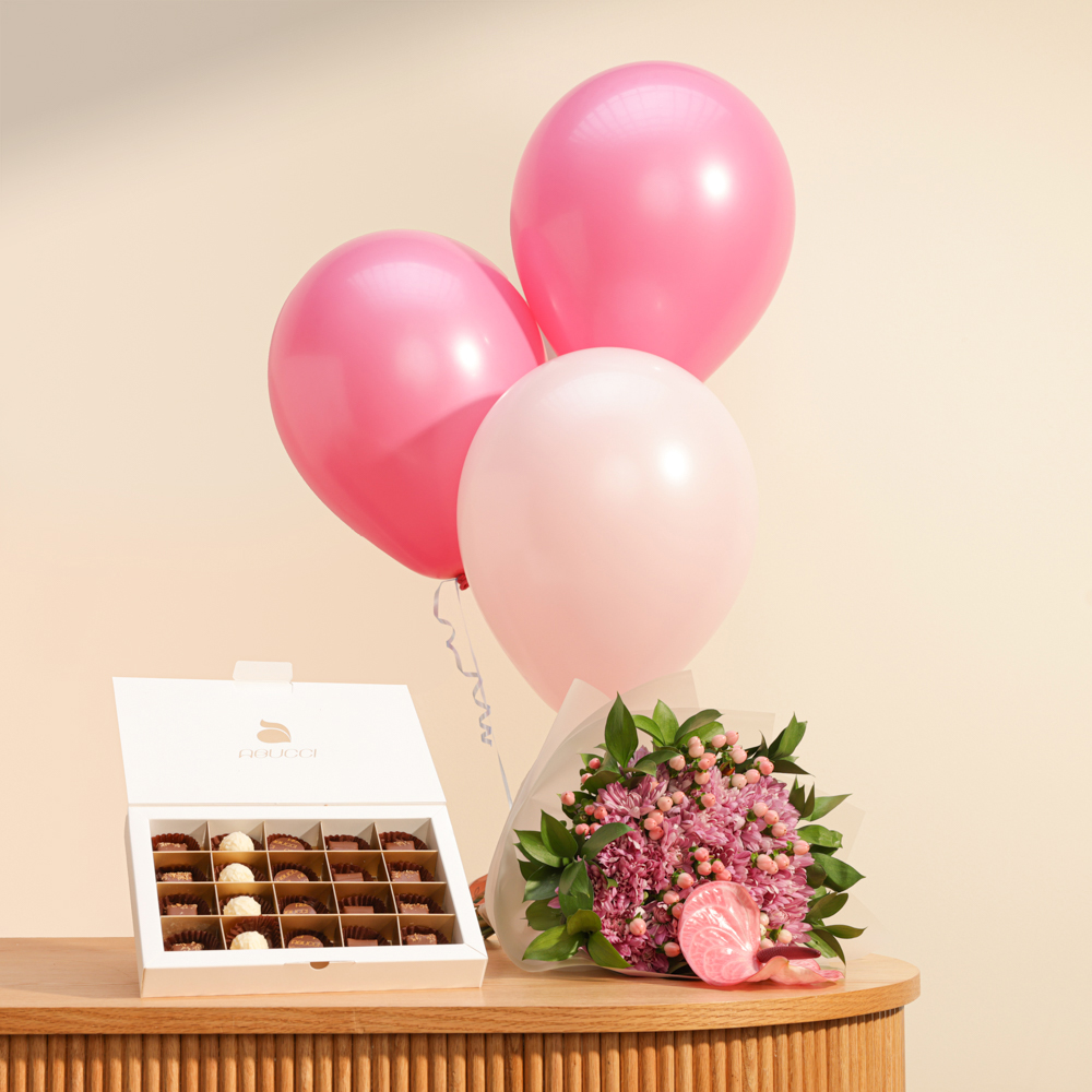 شوكولاتة أبوتشي | باقة زهور مبهجة وبالونات