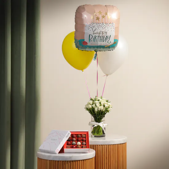 Sweetzerland Discovery Chocolate Box | Flowers and Cheerful Happy Birthday Balloons