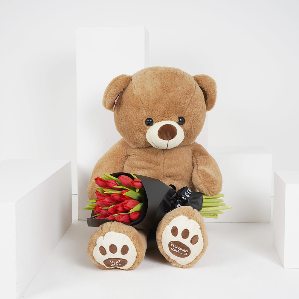 20 Red Tulips Hand Bouquet with a Medium Teddy Bear