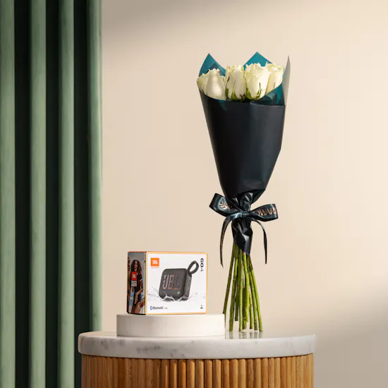 JBL Go4 Bluetooth Portable Black Speaker | Eternal Grace Rose Bouquet