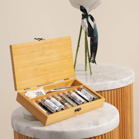 Feel Good Tea Wooden Box | White Lilies Bouquet