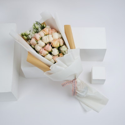 13 White Roses & 12 Peach Roses | Hand Bouquet