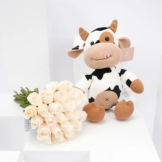 Floward Plush Cow with 25 White Roses Bouquet