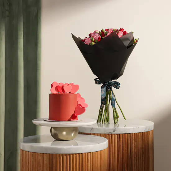 Cle Bakery Red Hearts Cake | Midnight Romance Roses Bouquet