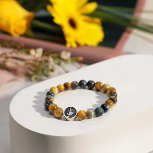 Zayan Tiger Eye Bracelet with Silver | Yellow Flowers