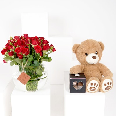 Small Red Baby Roses Fish Bowl Vase with a Small Teddy Bear and Small Chocolate Box