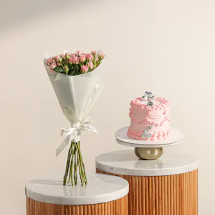 December Cake Pink Birthday Cake with Disco Balls | Delicate Flowers Bouquet 
