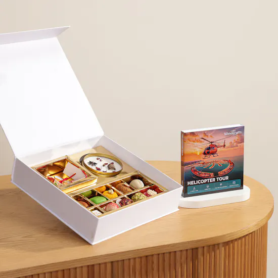 MyGovindas Rakhi Divine Bond Sweets Box | Wondergifts Guided Helicopter Tour Voucher