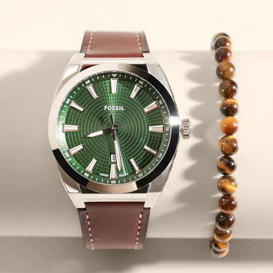 Fossil Everett Brown Leather Men's Watch and Bracelet Set