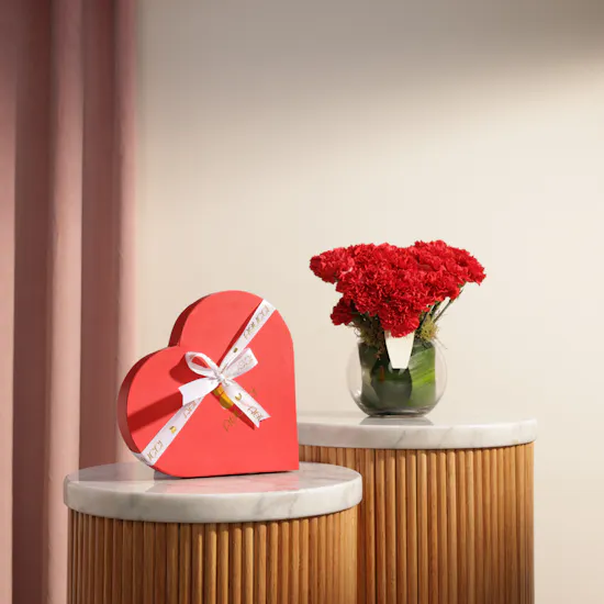 Abucci Red Heart Indulgence Chocolates Box | Crimson Whispers of Love Carnation Vase