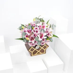 Islamic Arabesque Wood Vase | Pink Flowers