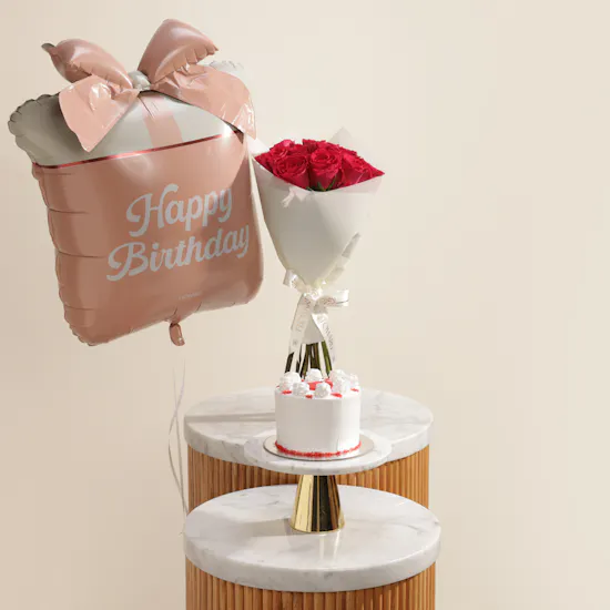 Floward Red Velvet Mini Cake | Roses Bouquet and Birthday Balloon