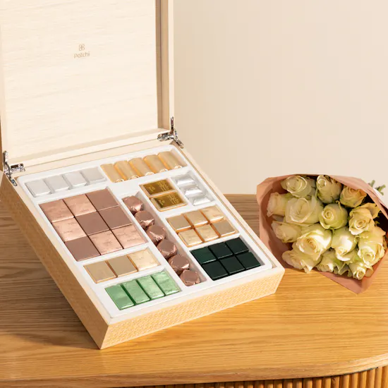 Patchi L'iconique Wooden Mix Chocolate Box | White Harmony Rose Bouquet