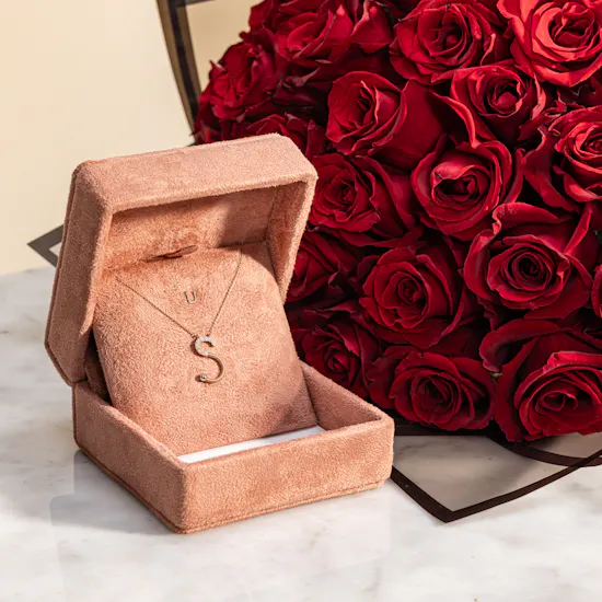 Siran by Iram Diamond Letter S Necklace | Stunning Red Roses Bouquet