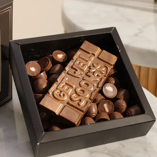 Ghazl Chocolatier Get Well Soon Mini Chocolate Box | Pink Baby Rose Bouquet