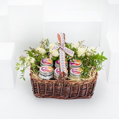 Secrets 6 Mix Cake Jars Basket & Flowers