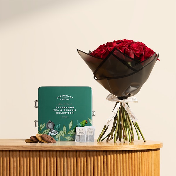 Cartwright & Butler Tea and Biscuits | Dazzling Red Rose Bouquet