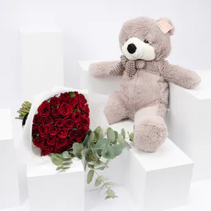 Enchanting Red Bouquet | Gray Teddy Bear