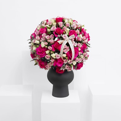 25 Fuchsia Roses & 10 Baby White Roses | Pedestal Vase