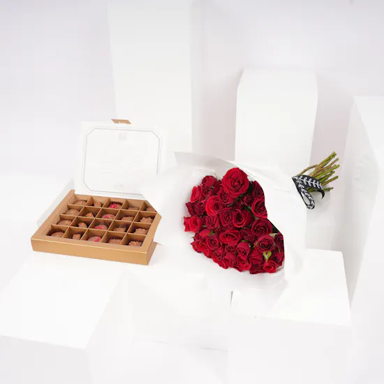 Levo Chocolates Small Box | Red Baby Roses Vase