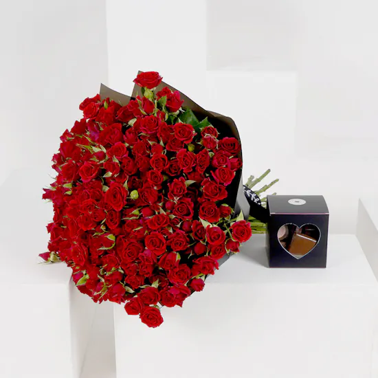 50 Red Baby Roses Hand Bouquet with a Medium Chocolate Box
