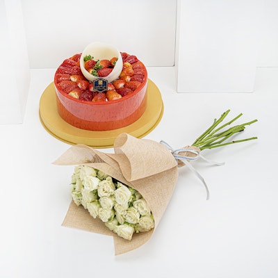 Zalatimo Brothers Strawberry Cake with White Roses Bouquet