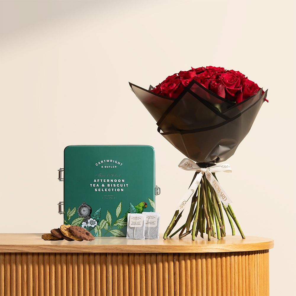 Cartwright & Butler Tea and Biscuits | Dazzling Red Rose Bouquet