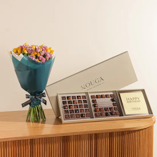 Nouga Happy Birthday Bonbons Chocolates Classic Trio Box | Happiness Flower Bouquet