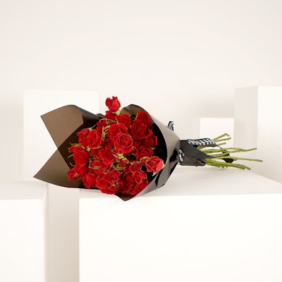 20 Baby Red Roses Hand Bouquet I wrapping black
