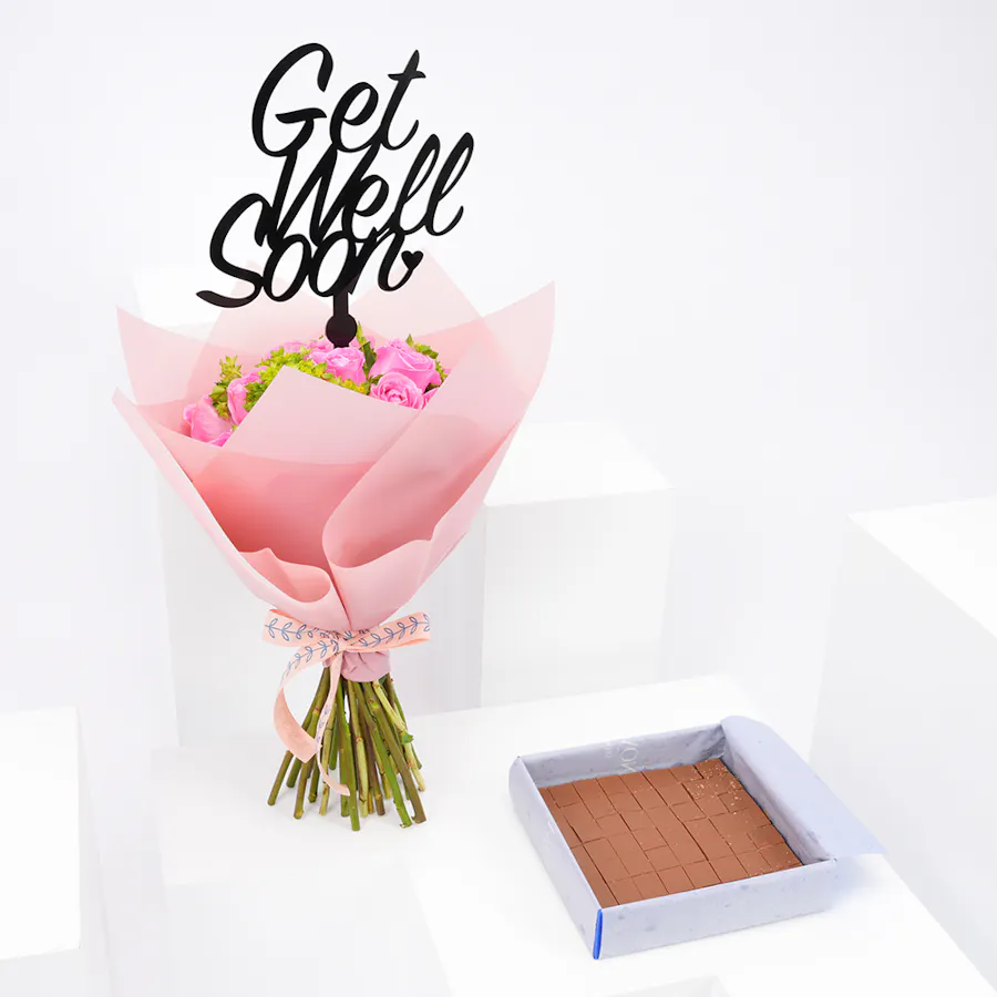 Hanoverian Caramel Chocolate Box with Get Well Soon Blooms Bouquet 2