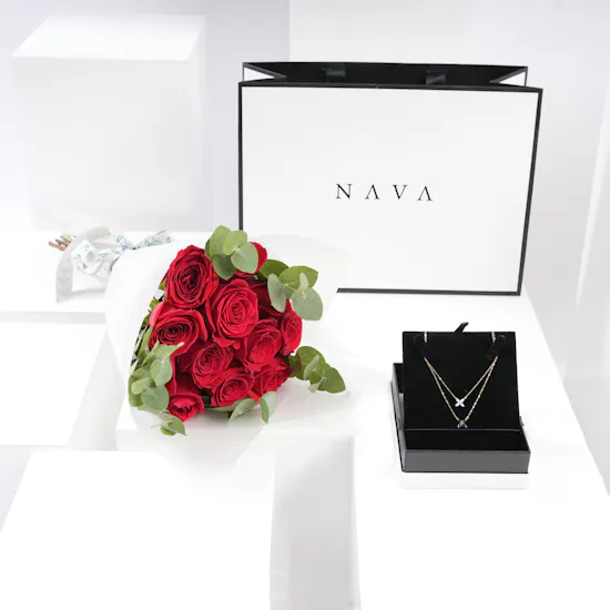 Nava Jewelry Two Layered Rose Gold Necklace | 12 Red Roses Bouquet