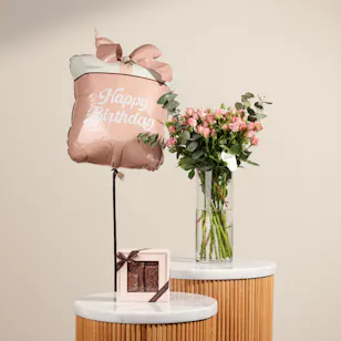 Ghazl Chocolatier Rice Krispy Chocolate Slabs Box | Flowers and Pink Birthday Gift Balloon 
