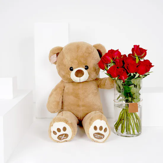 Floward Medium Teddy Bear | Red Roses Vase