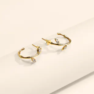 Siran by Iram Gold Lucky Bamboo Hoop Earrings with Diamond Leaves