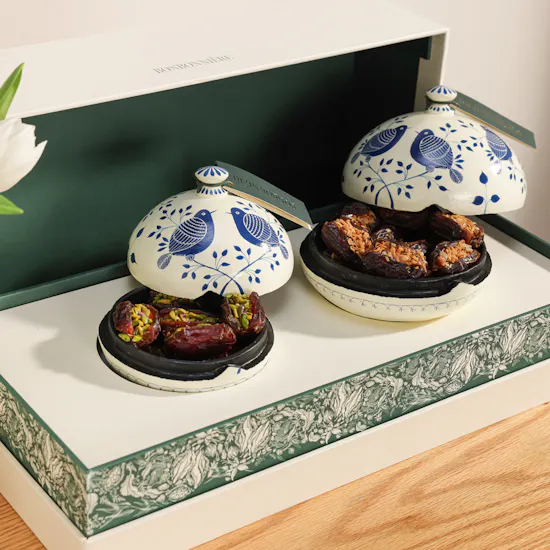 Bonbonniere Pistachio Rose and Pecan Crunch Stuffed Dates Gift Set | Gentle Radiance Flower Vase