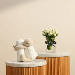 Floward Sheep Toy with Blanket Set | Pure White Baby Roses Vase
