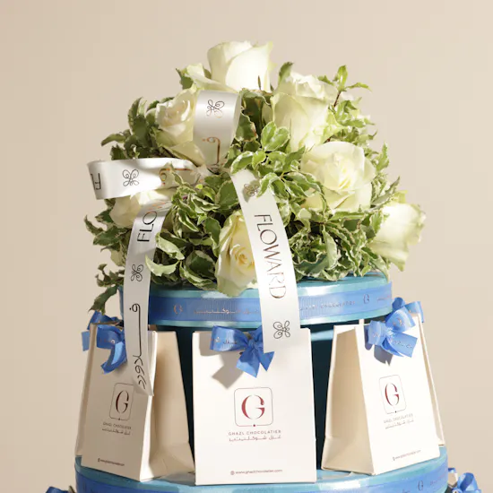 Ghazl Chocolatier New Baby Boy Favors Chocolate Tower | Pure Flowers