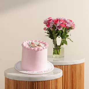 Floward Personalized Pink Photo Cake | Secret Garden Flower Vase