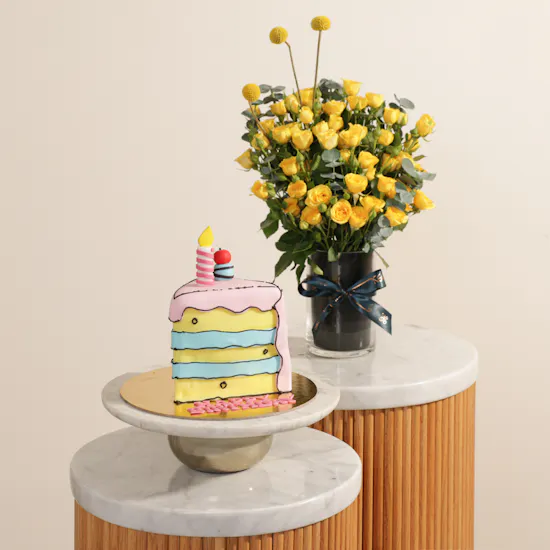 Floward Birthday Slice Comic Cake | Beautiful Memory Flower Vase