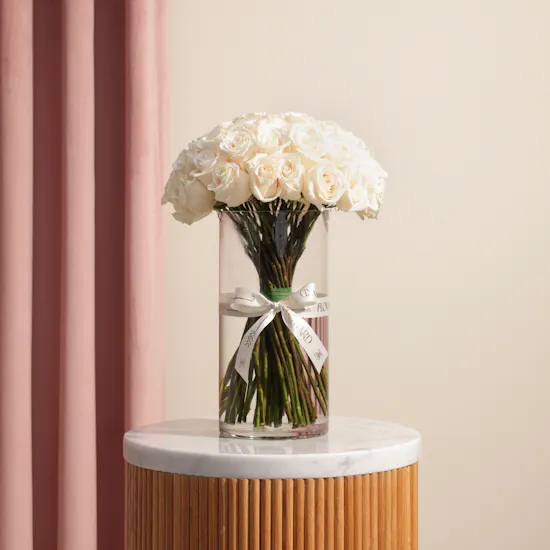 Vibrant White Roses Vase | 50 Roses