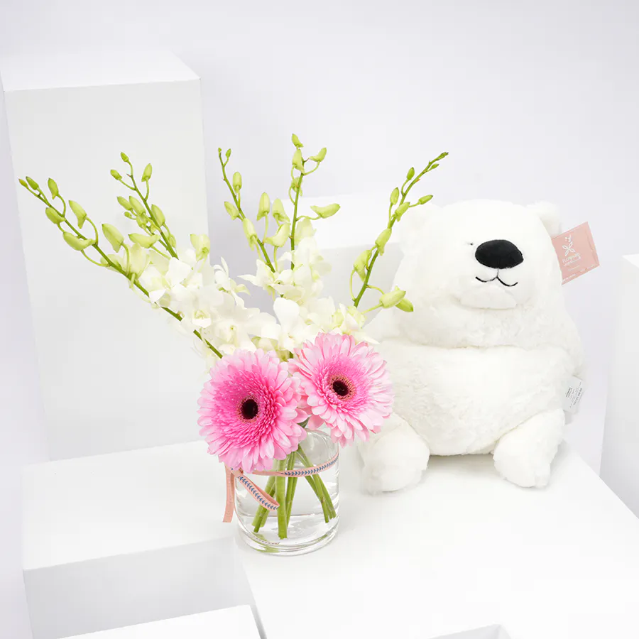 Floward White Bear with Spring Blooms Vase 1