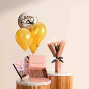 Hanoverian Happy Birthday Caramel Chocolate Box | Balloons and Flower Bouquet
