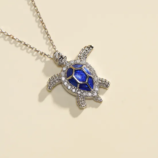 Izmirian Diamond and Blue Enamel Gold Turtle Necklace
