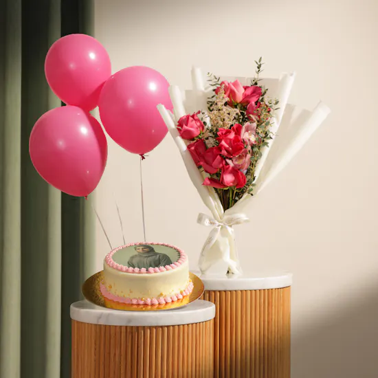 Floward Personalized Photo Red Velvet Pink Cake | Sweet Flowers Bouquet and Fuchsia Balloons