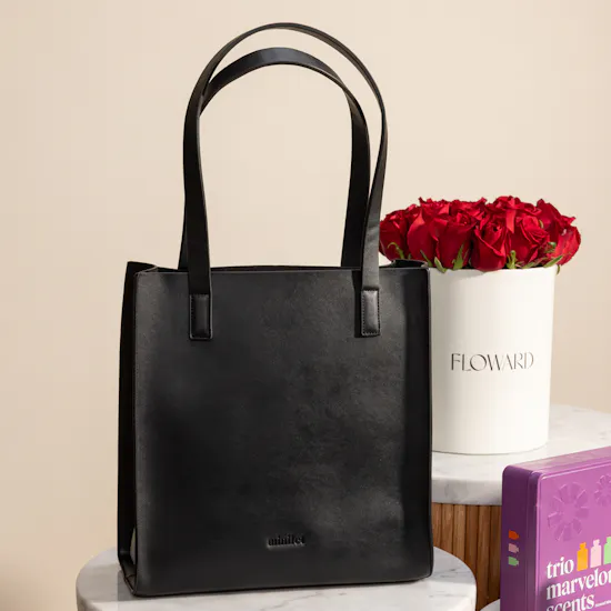 Minilet Black Basic Tote Bag | Bubblzz Trio Marvelous Scents Sensual Minis Collection Box and Red Roses Box