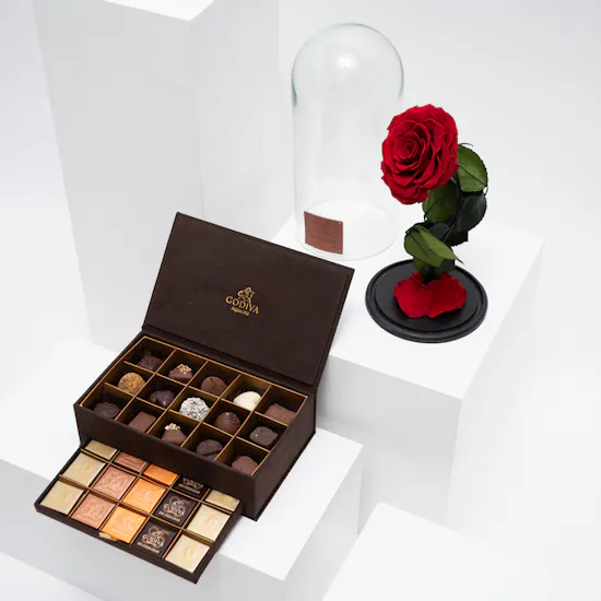 Godiva Small Brown Royal Chocolate Box | Red Preserved Rose