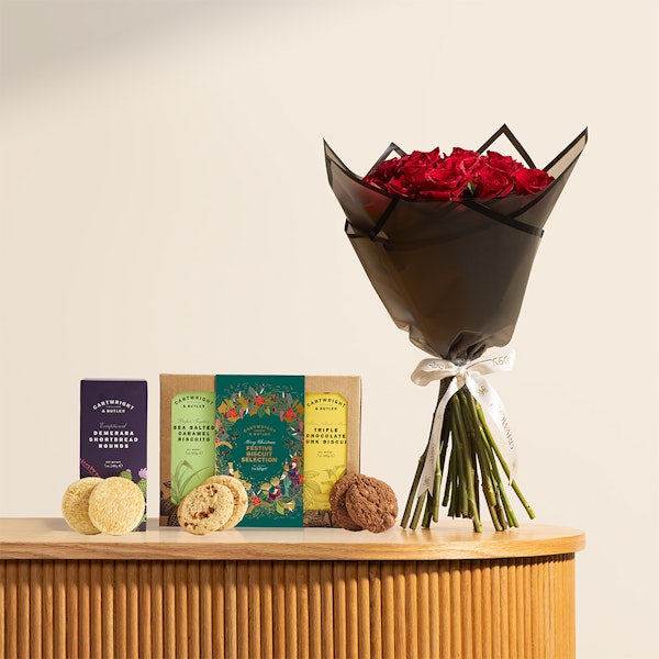Cartwright & Butler Festive Biscuit Selection Box | Romantic Crimson Roses Bouquet