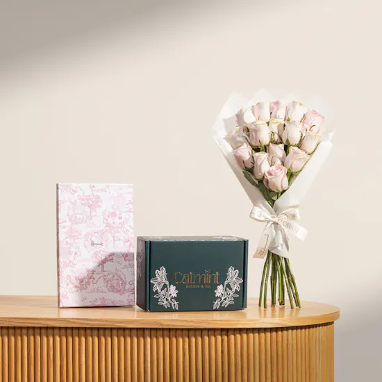 Catmint Candles Floral Candle Gift Set | Harrods Pretty Pink Writing Set and Flowers
