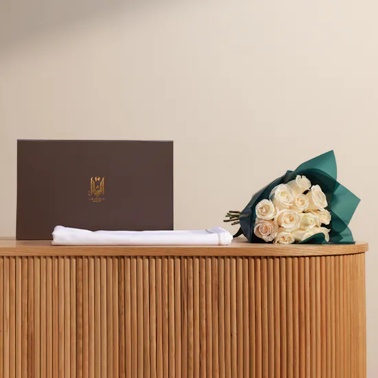 Alshal Luxury Fabric White Thobe | White Roses Bouquet