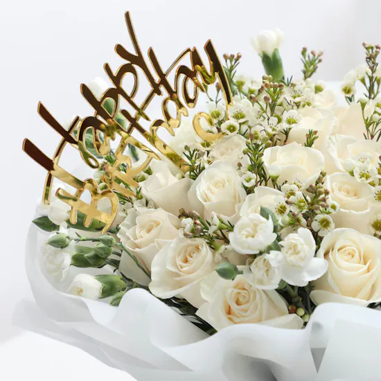 White Birthday Hand Bouquet With Chocolate